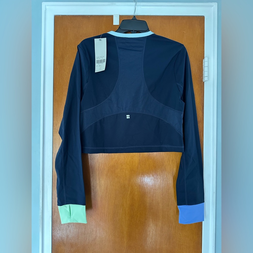 Sweaty Betty Navy Power Half Zip Crop Workout Top with Colorful Cuffs - Picture 2 of 5